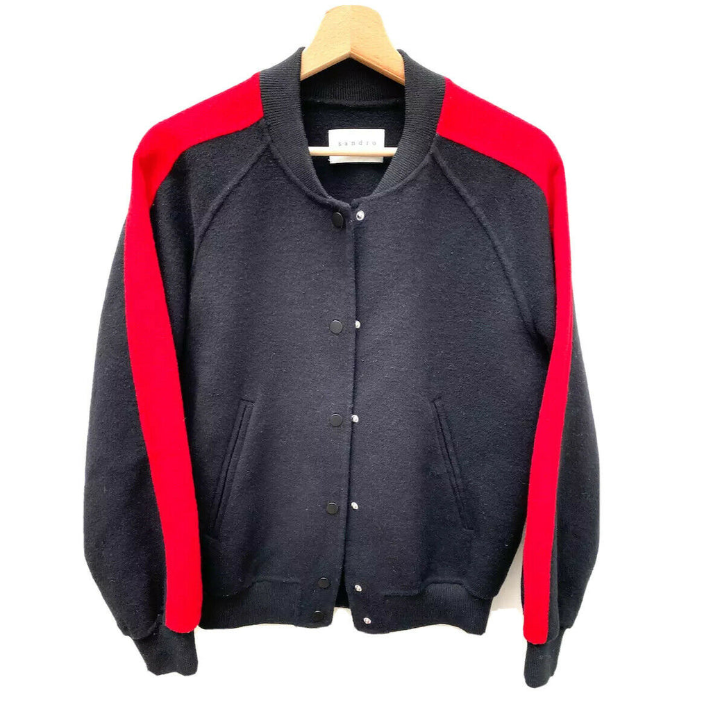 Sandro Black / Red Wool Bomber Jacket Size S