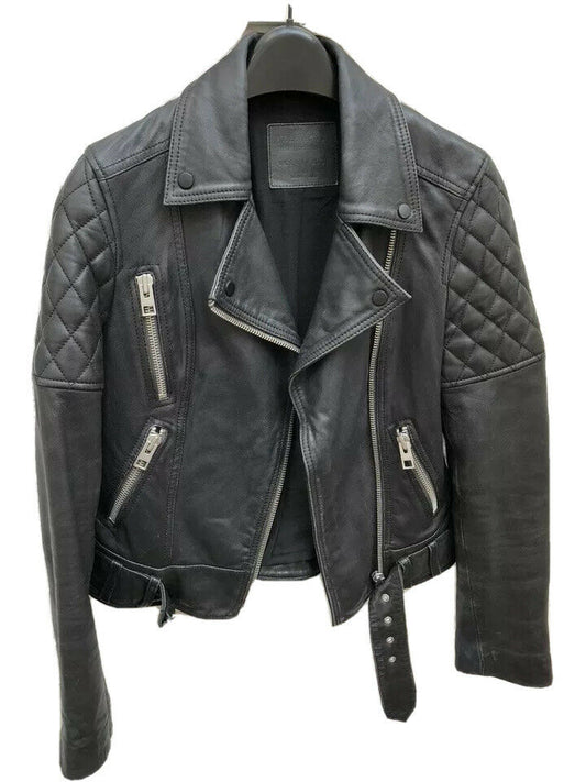 All saints Black Leather Biker Jacket - Favel - Size 36 / Small UK 8 