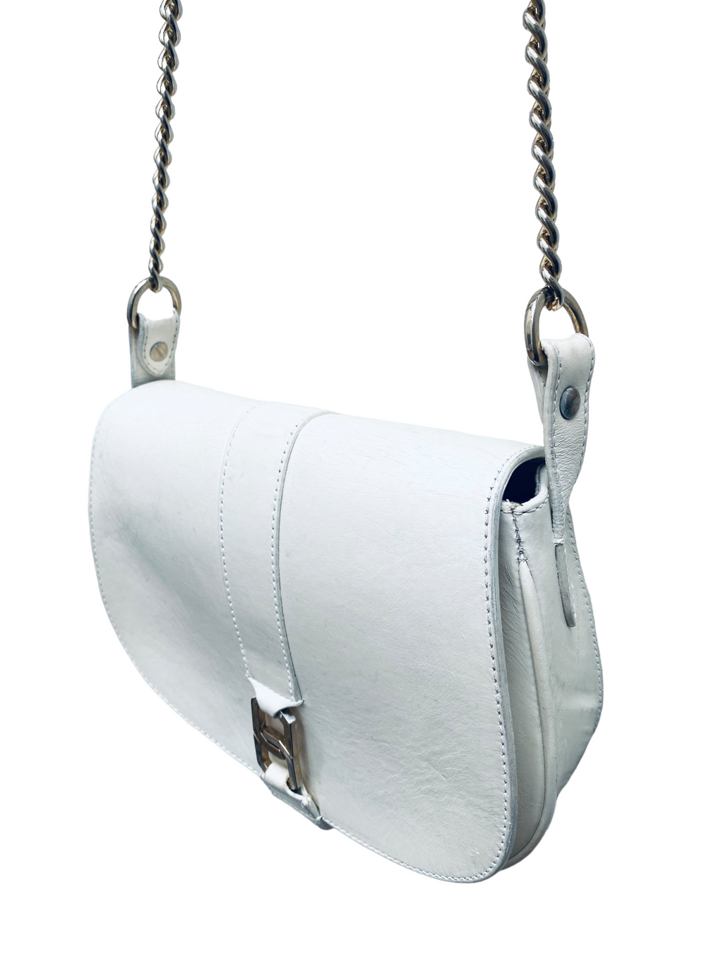 White Leather Shoulder Bag Handbag  Gold Color Chain