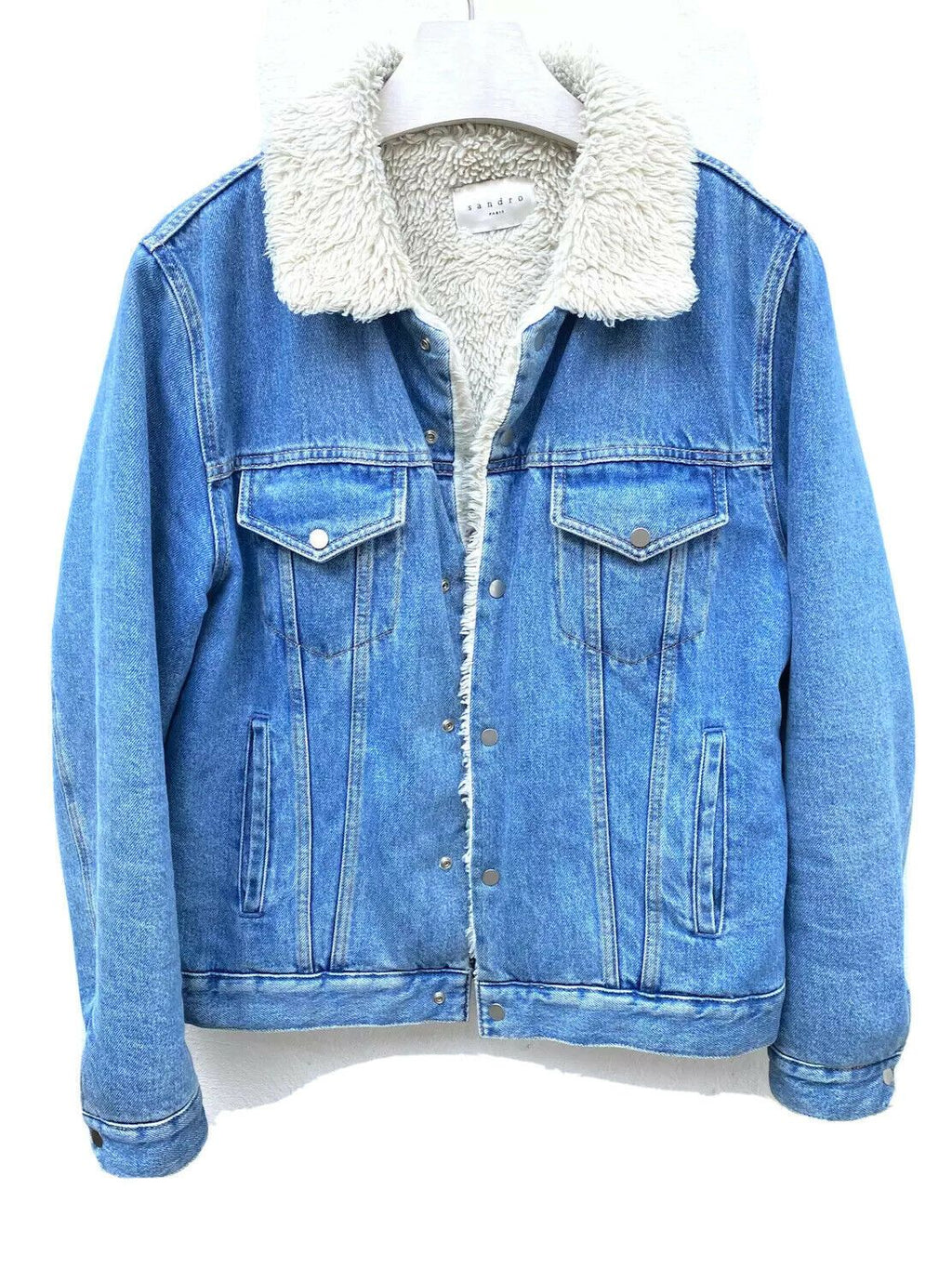 Sandro Lightwash Blue Denim Shearling Jacket Size XXL