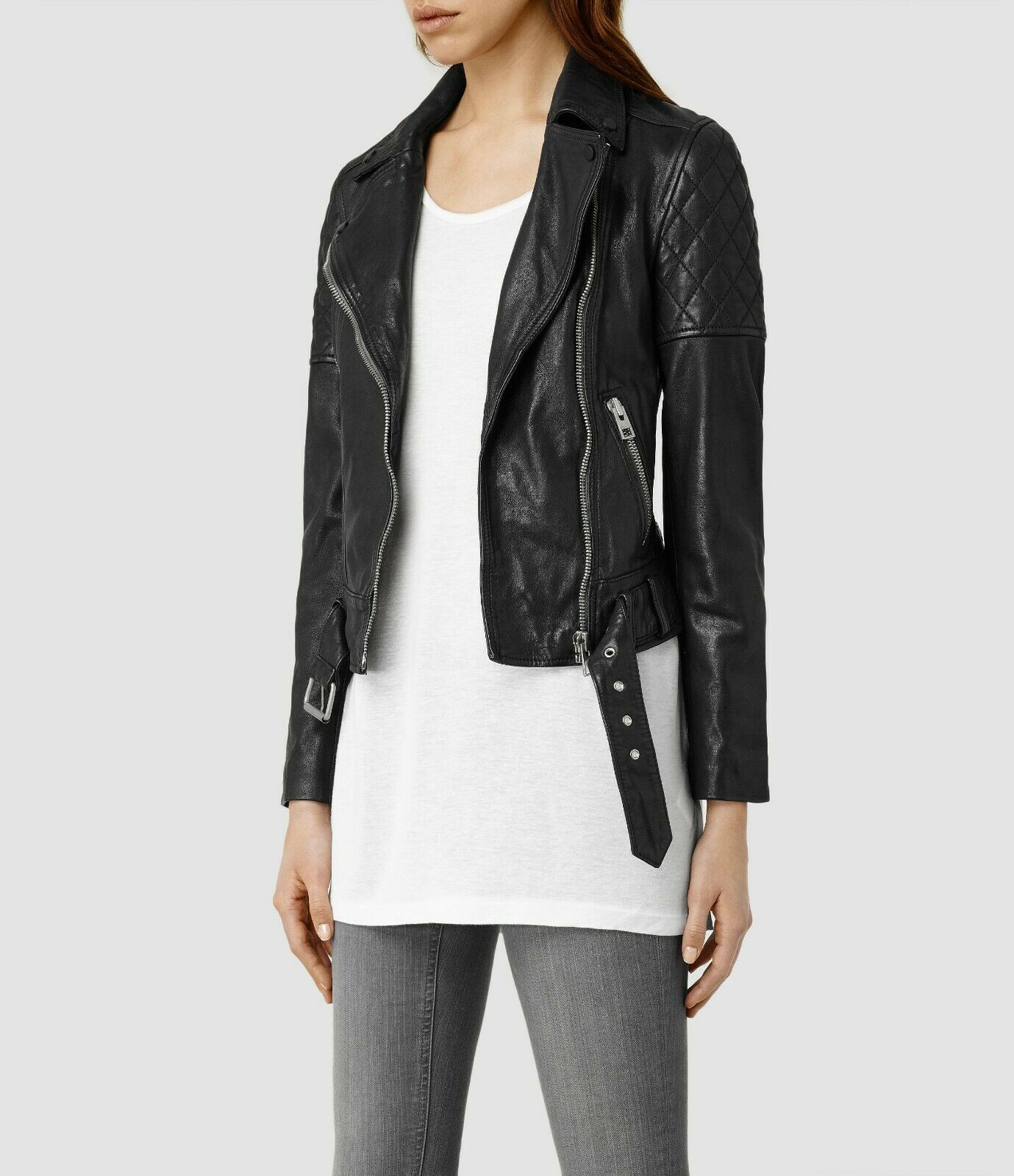 All saints Black Leather Biker Jacket - Favel - Size 36 / Small UK 8