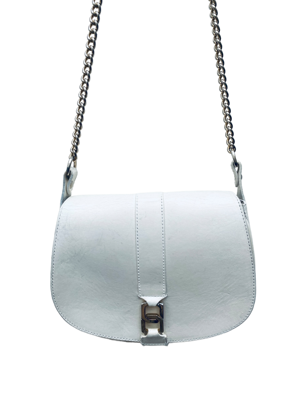 White Leather Shoulder Bag Handbag  Gold Color Chain